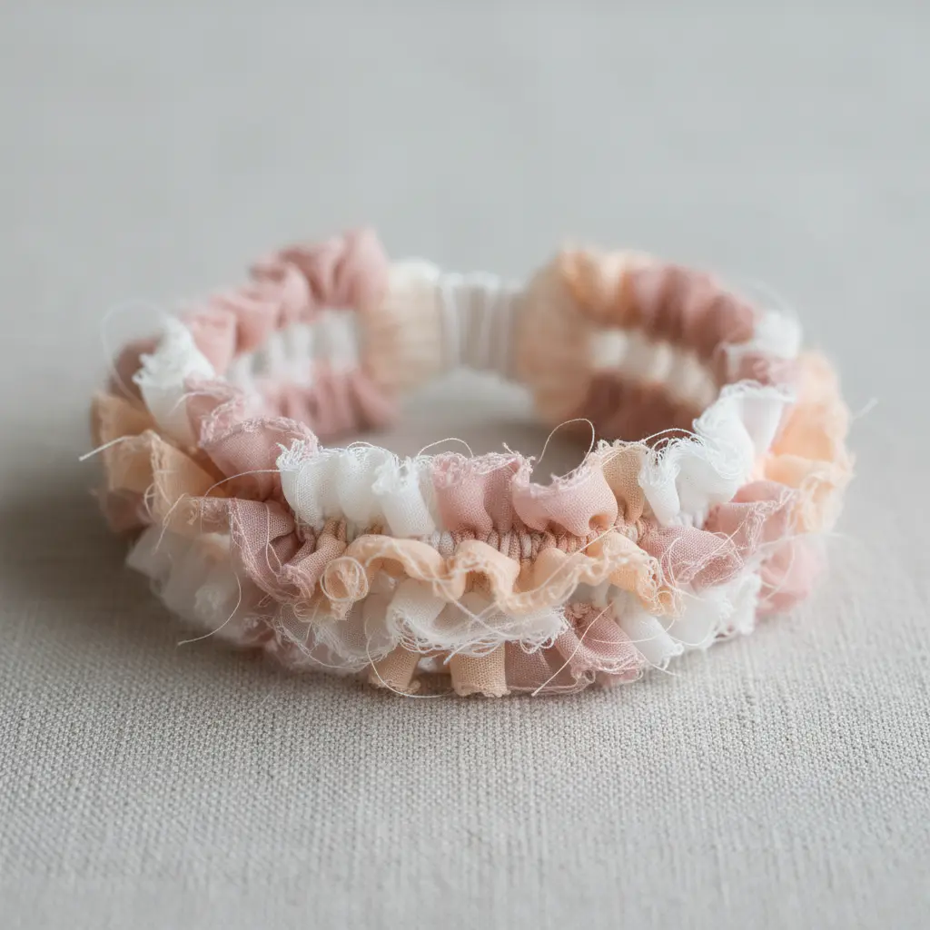 A layered bracelet with soft chiffon ruffles in pastel pink, creating a delicate, feminine look.