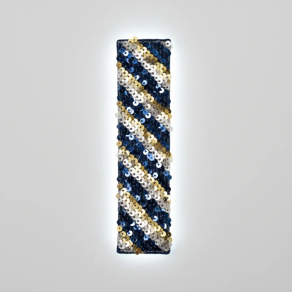 A fabric strip bracelet with attached sequins in silver and gold, glinting under light.