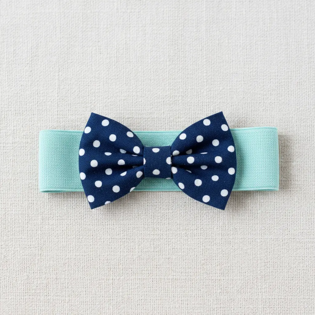 A bracelet featuring a polka dot fabric bow tie, with a simple elastic band for easy wear.