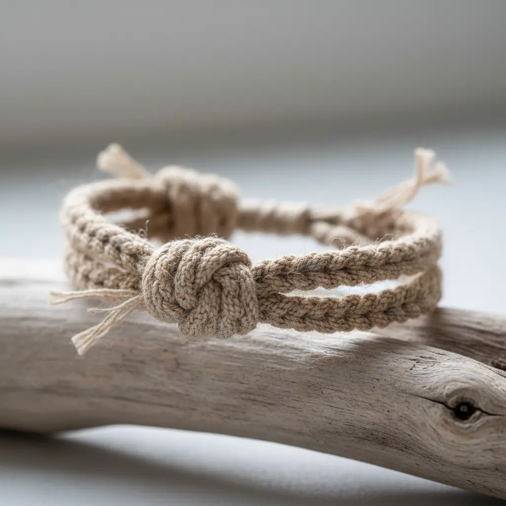 A rustic bracelet made from monochrome linen strips tied in a series of knots, with a natural look.