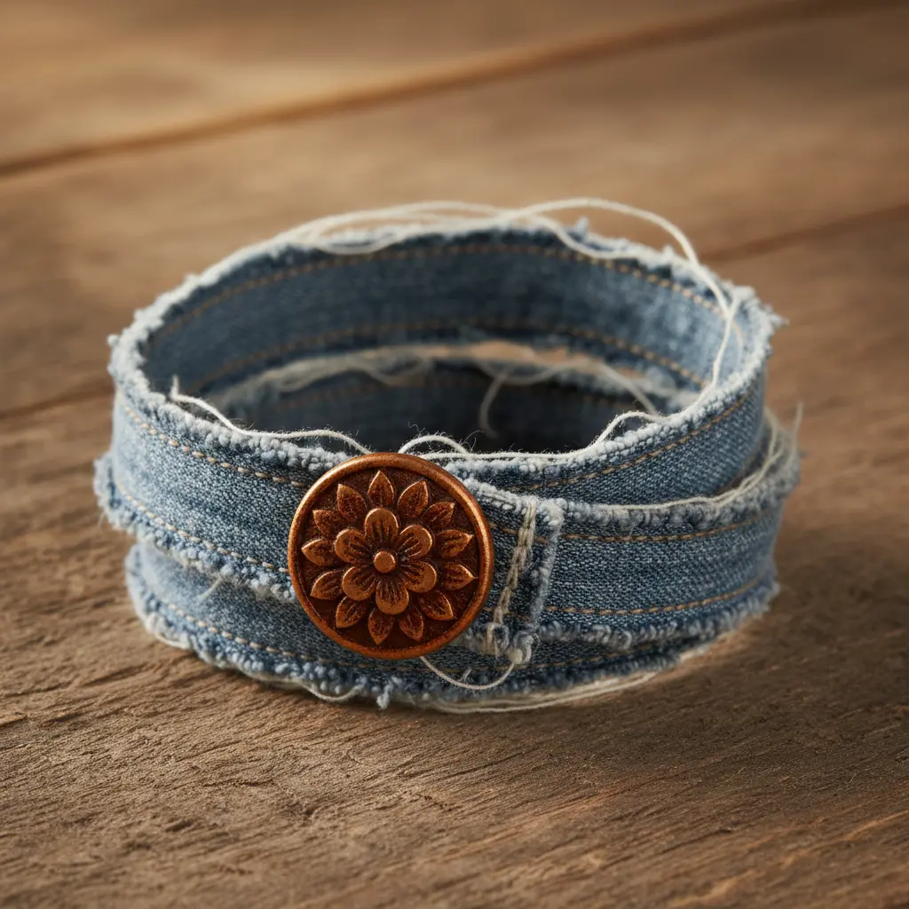 A frayed edge denim wrap bracelet with a distressed look, featuring a button closure and visible blue thread.