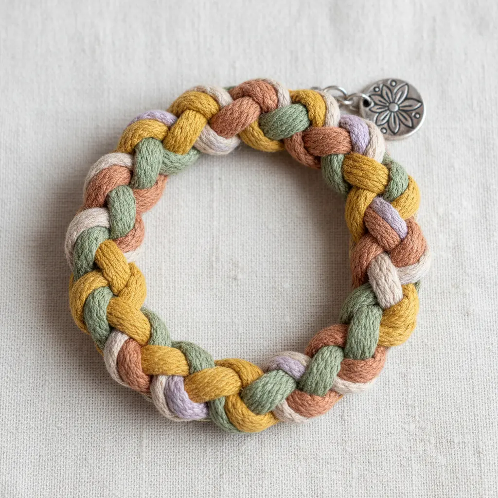 A charm bracelet made from knotted cotton fabric scraps in various colors, with a small metal charm attached.