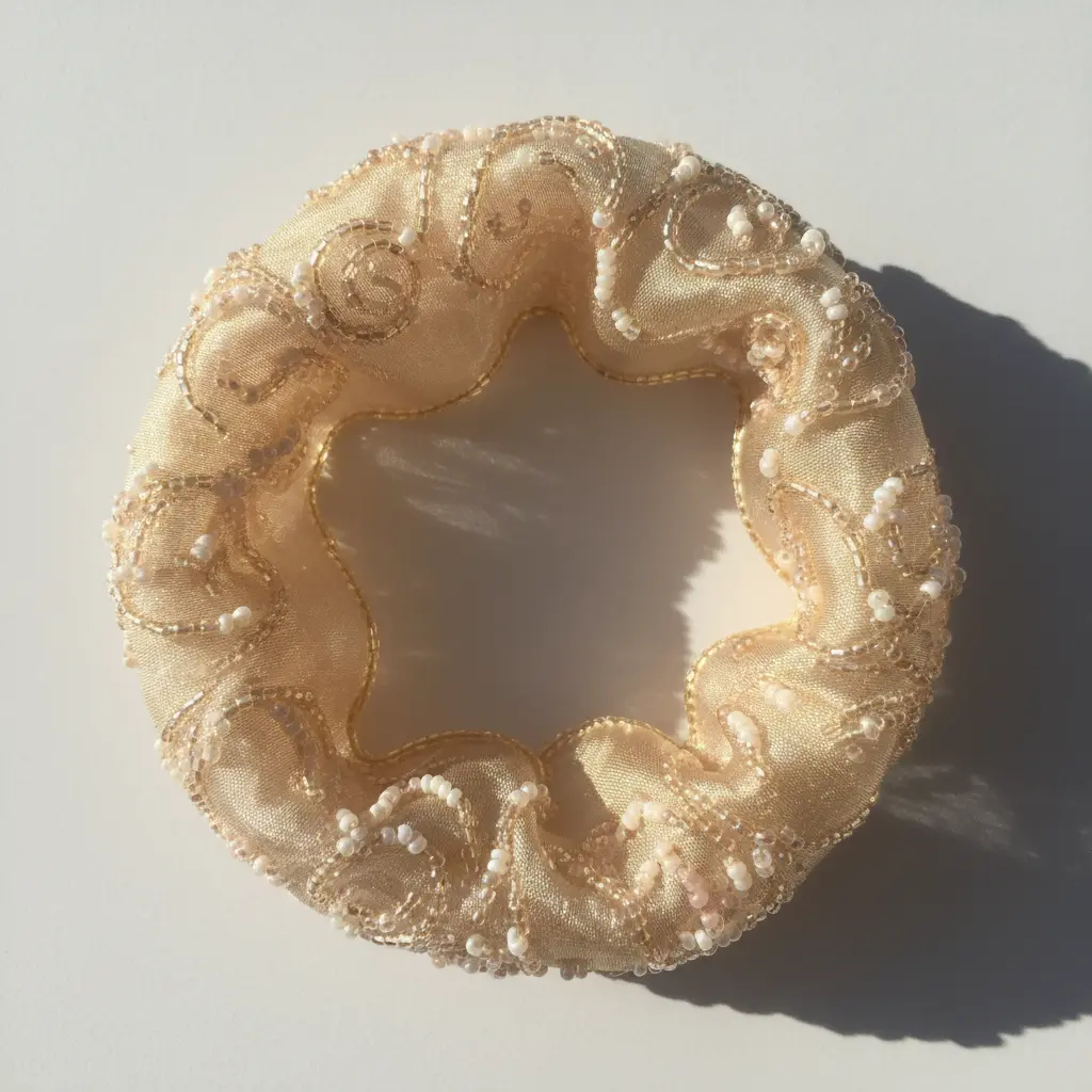 A silk ribbon cuff bracelet with tiny seed beads woven through the ribbon, lying flat on a white surface.