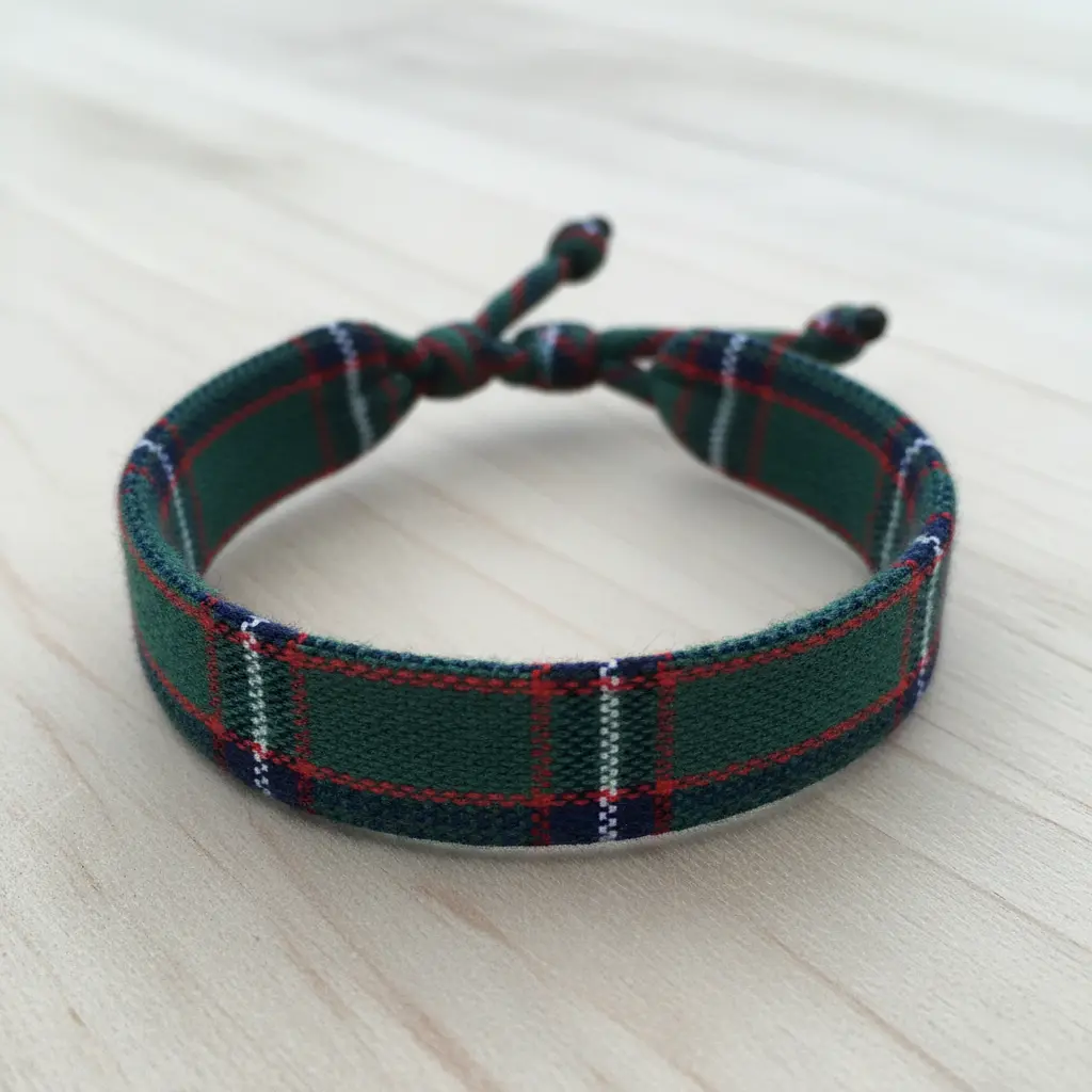 A woven bracelet using tartan plaid fabric strips, showcasing a warm red and green pattern with a braided edge.