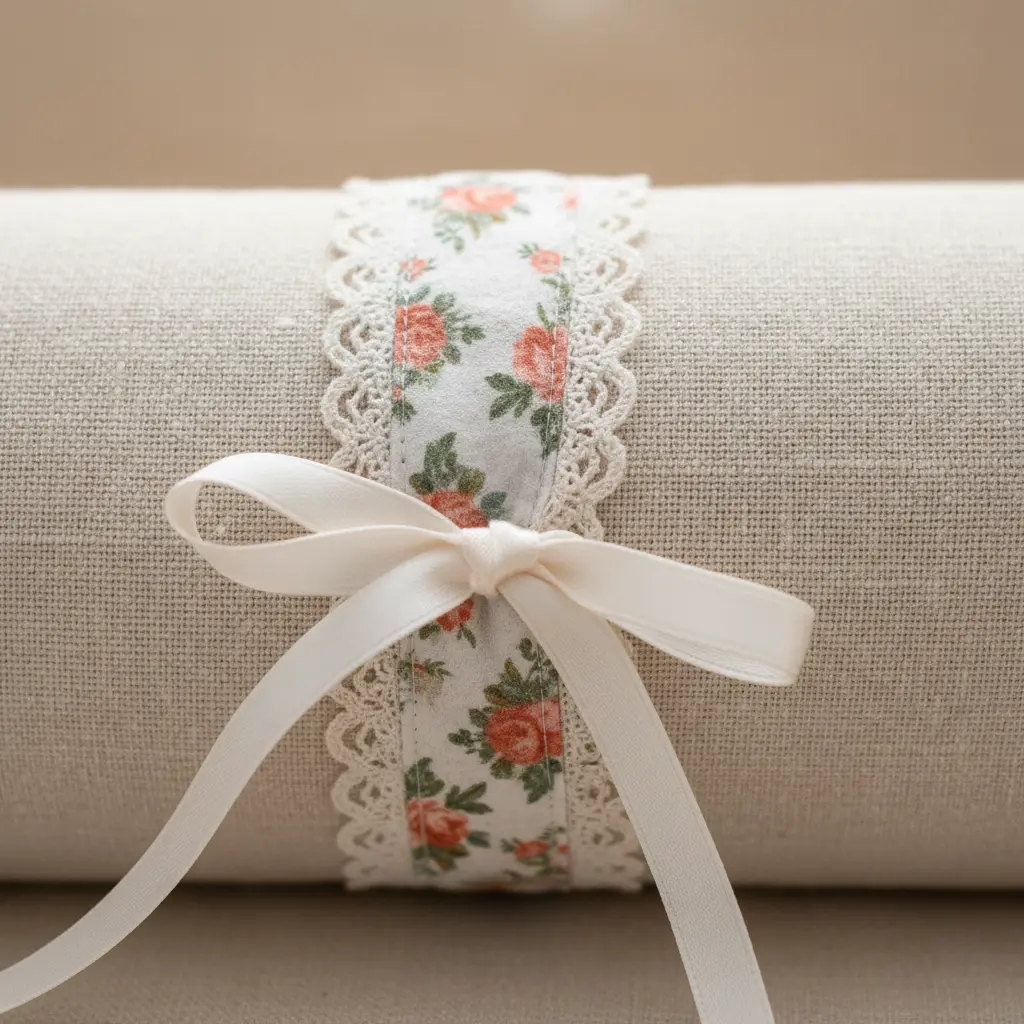 A delicate floral print fabric bracelet with a lace edge and a small ribbon tie closure.
