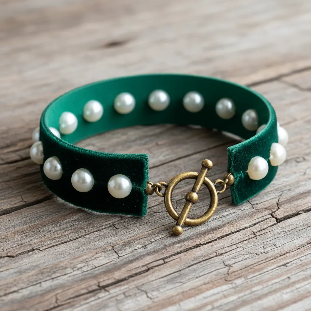 A velvet ribbon bracelet adorned with faux pearls, creating a vintage-inspired look with a clasp.