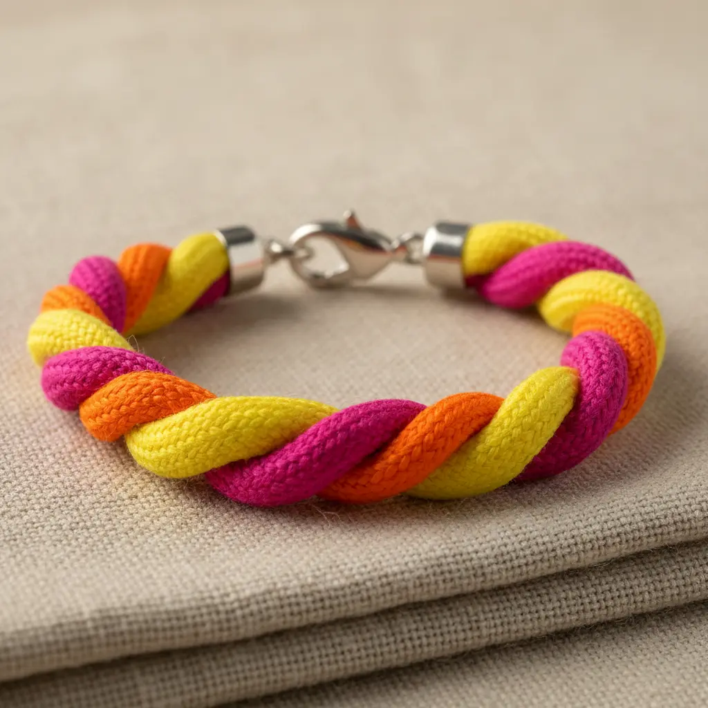 A bracelet made from twisted fabric cords in bright pink, orange, and yellow, with a silver clasp.