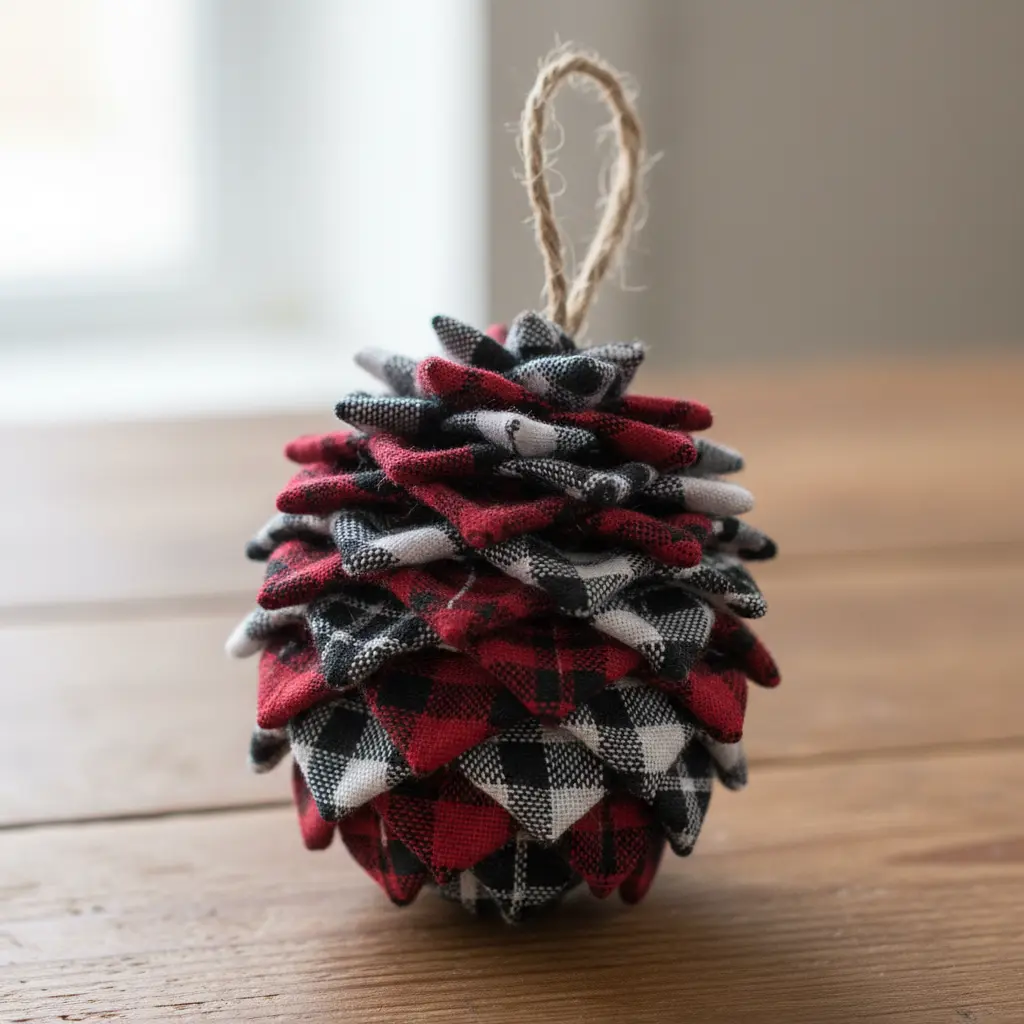 Folded red and black buffalo plaid cotton triangles layered into a pinecone shape on a white background.