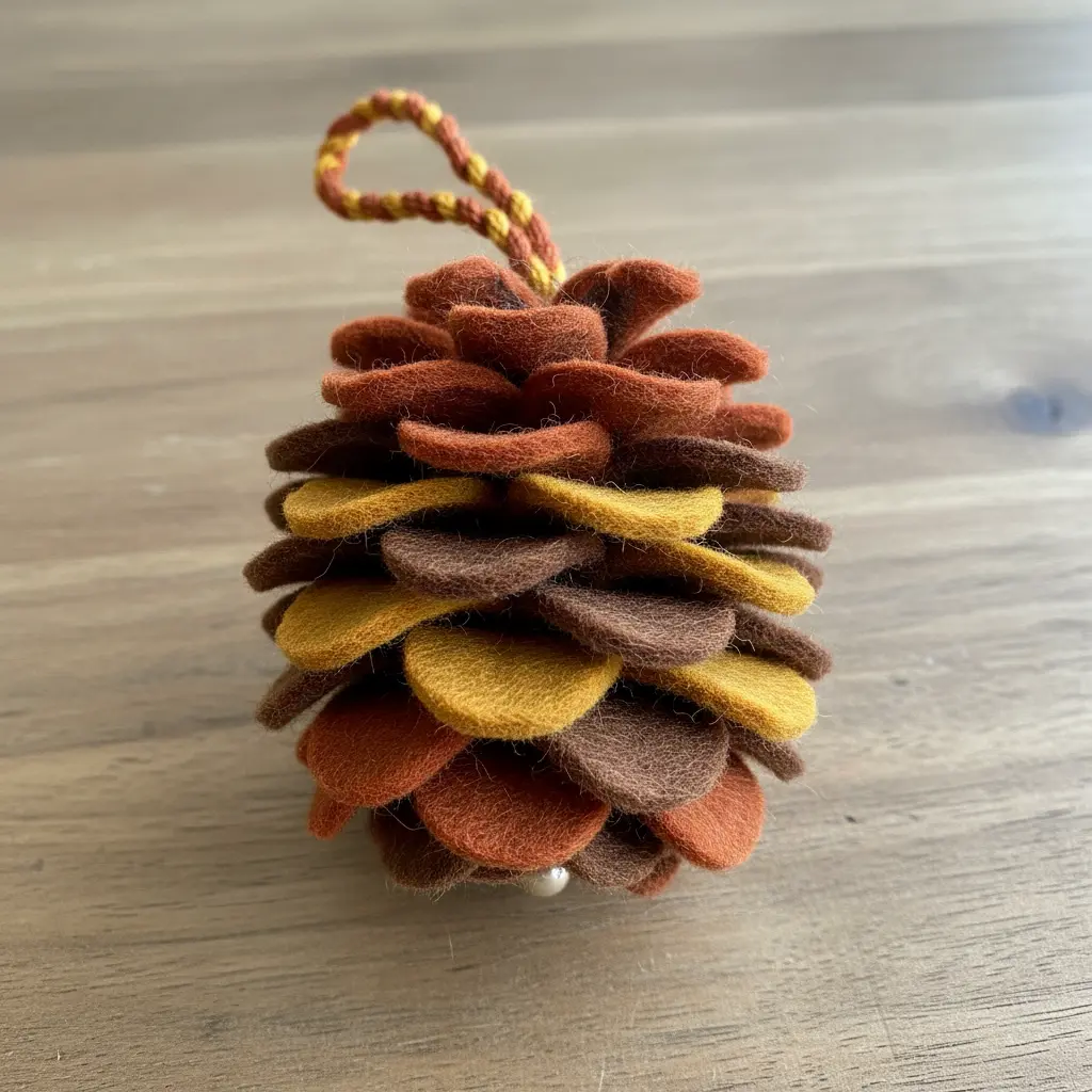 Wool felt petals in earthy autumn shades layered into a rounded pinecone shape with a twisted yarn hanger.