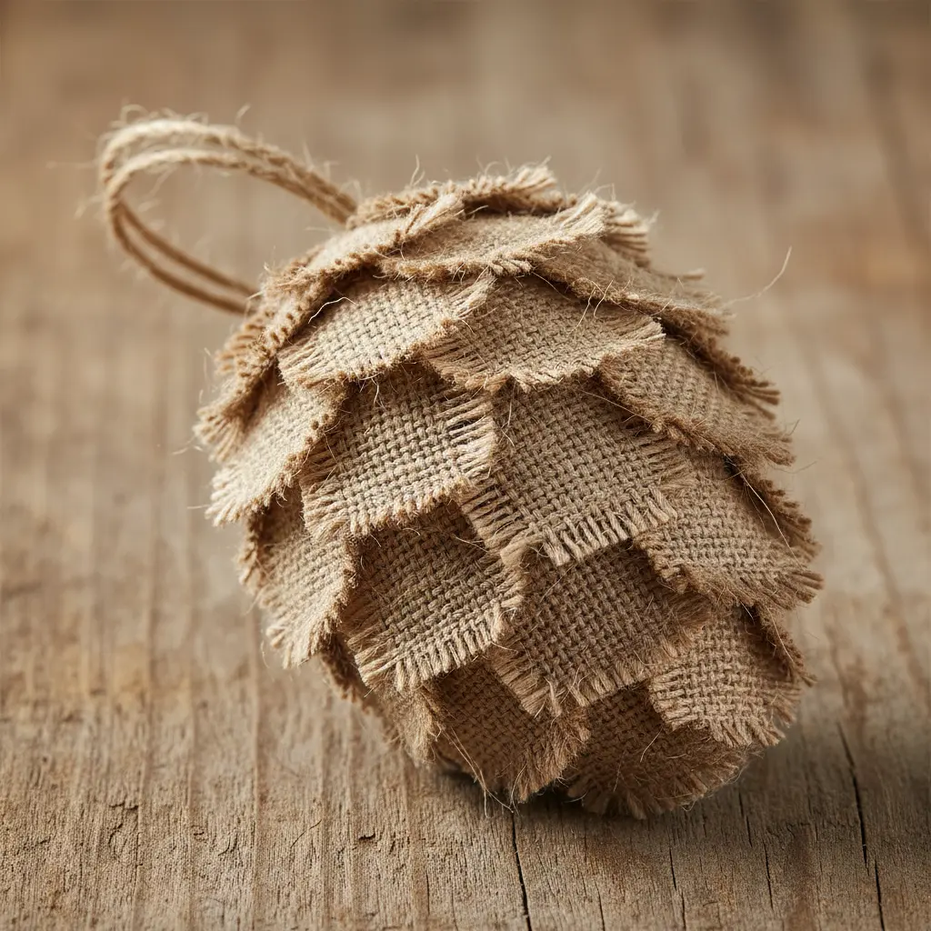 Neutral beige burlap fabric folded and pinned into a textured pinecone with frayed edges against natural wood.