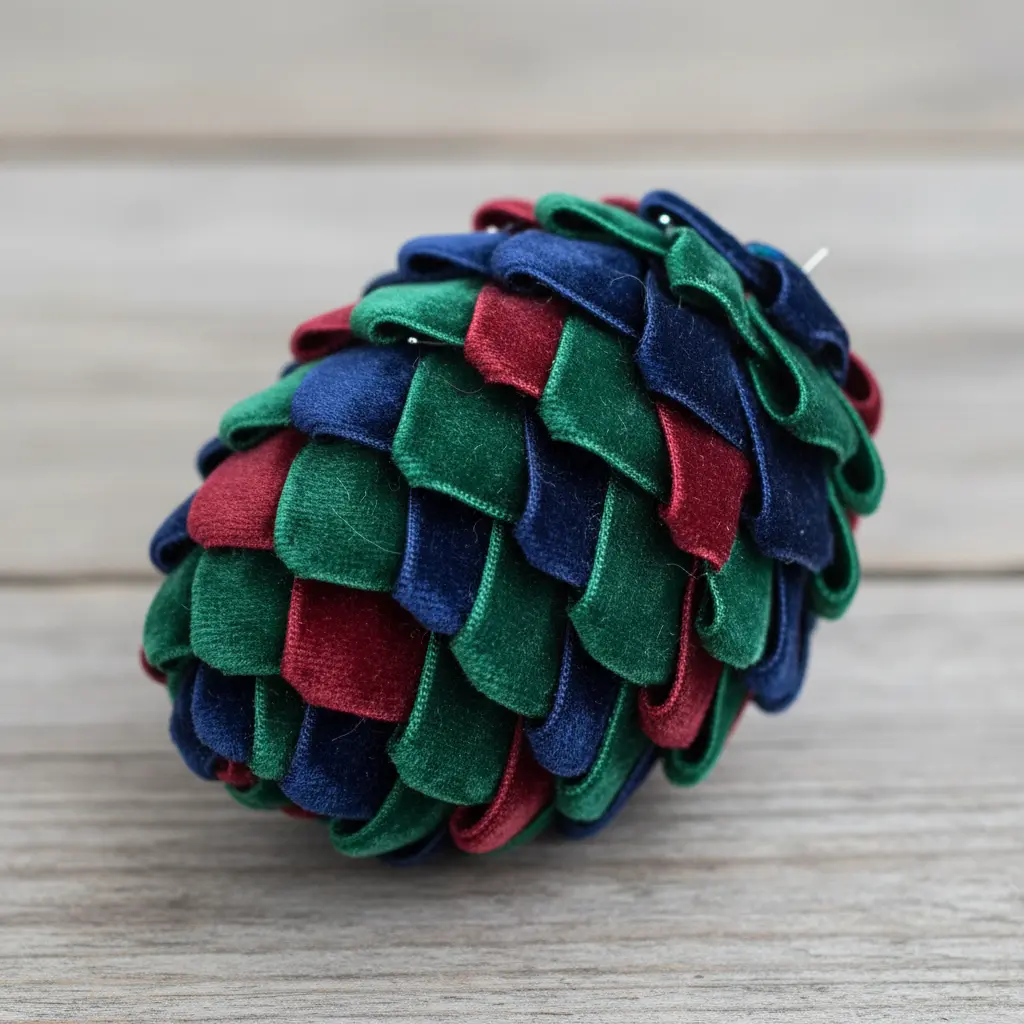 Layered strips of emerald and burgundy velvet ribbon folded into a plush pinecone ornament on cream fabric.