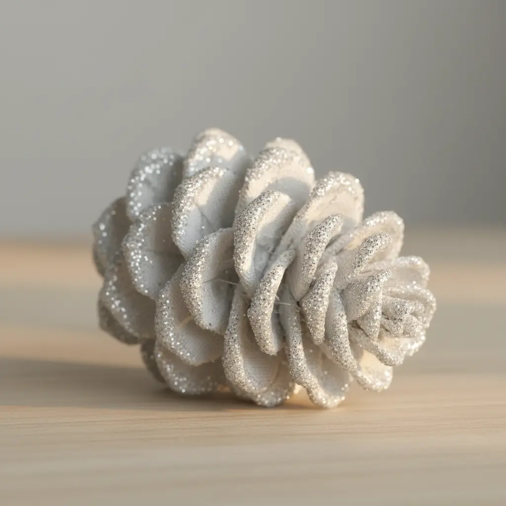 White cotton fabric triangles dusted with silver glitter at the tips, arranged into a sparkling pinecone shape.