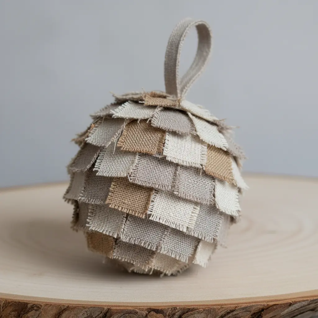 Earthy tan and cream linen fabric squares folded into a soft pinecone with visible weave texture on a neutral background.