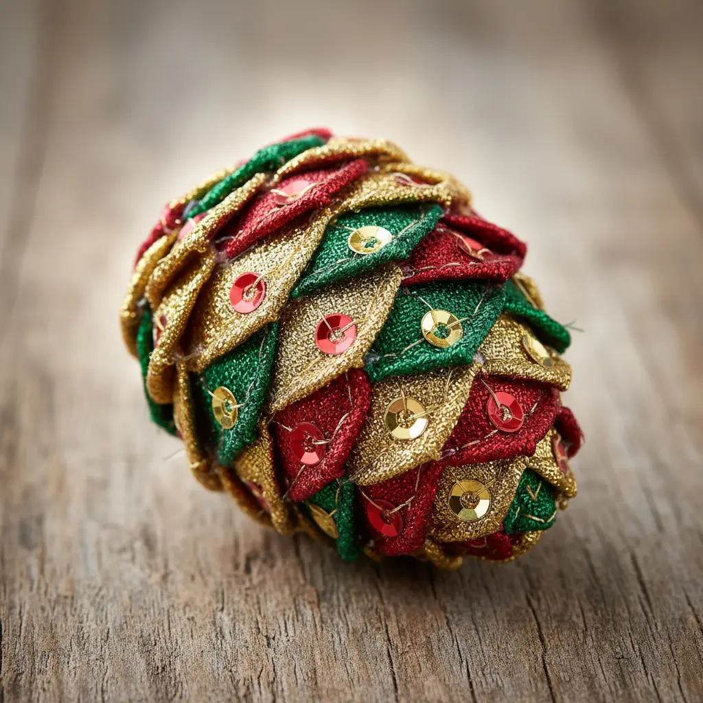 Gold and red fabric pinecone adorned with scattered sequins catching light against a dark evergreen backdrop.