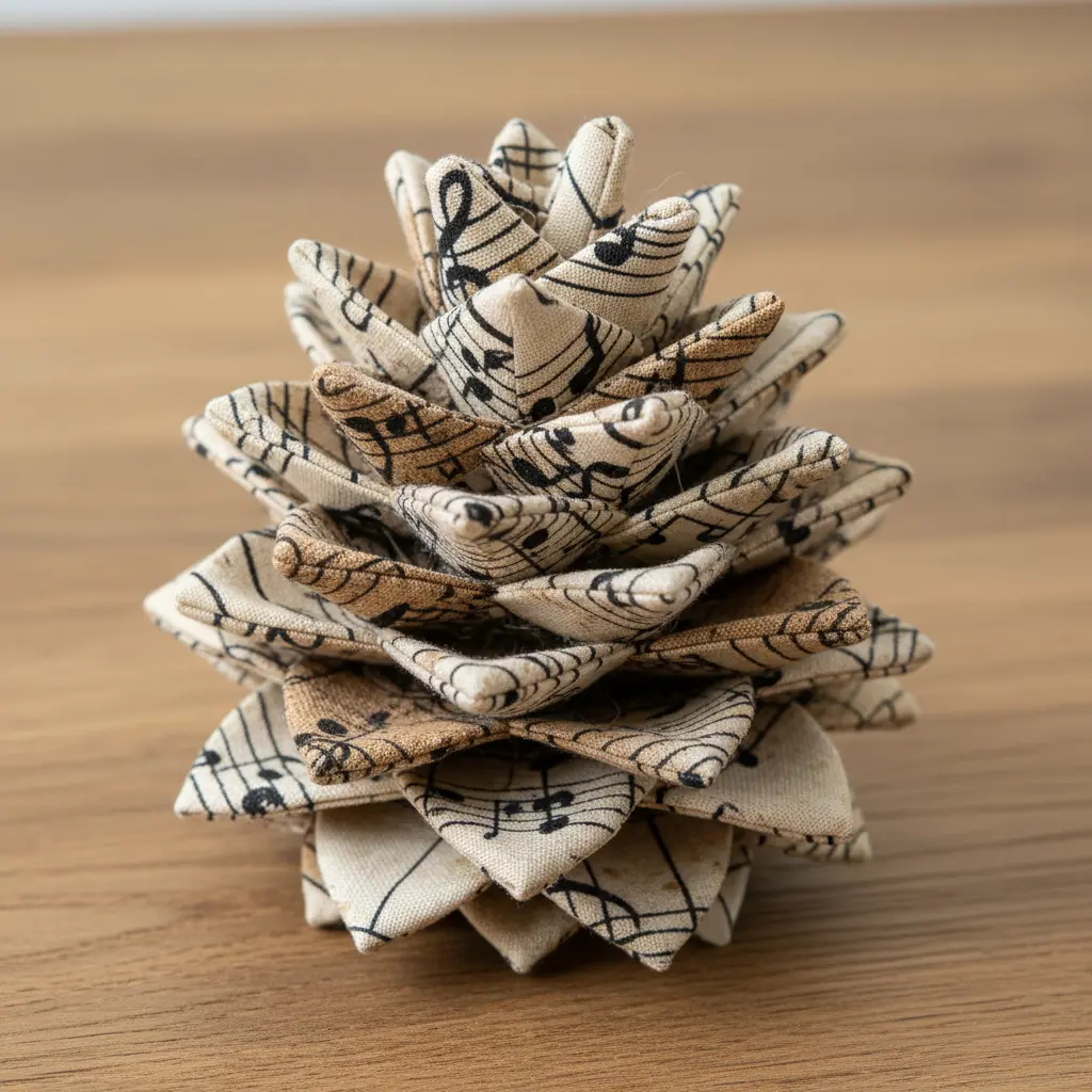 Fabric printed with vintage sheet music notes folded into a pinecone shape with aged paper appearance on a stack of books.