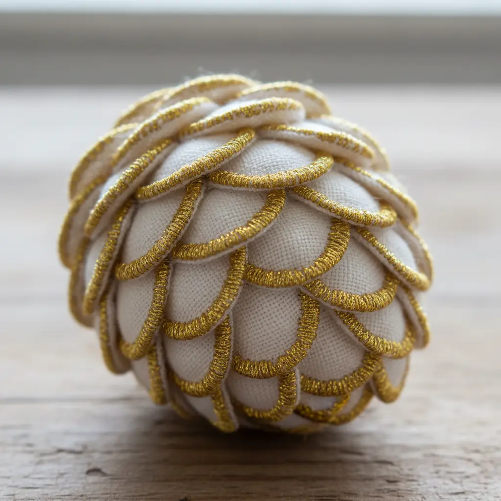 Cream cotton pinecone with subtle gold metallic thread stitching along fabric edges for a refined glow on a snowy surface.