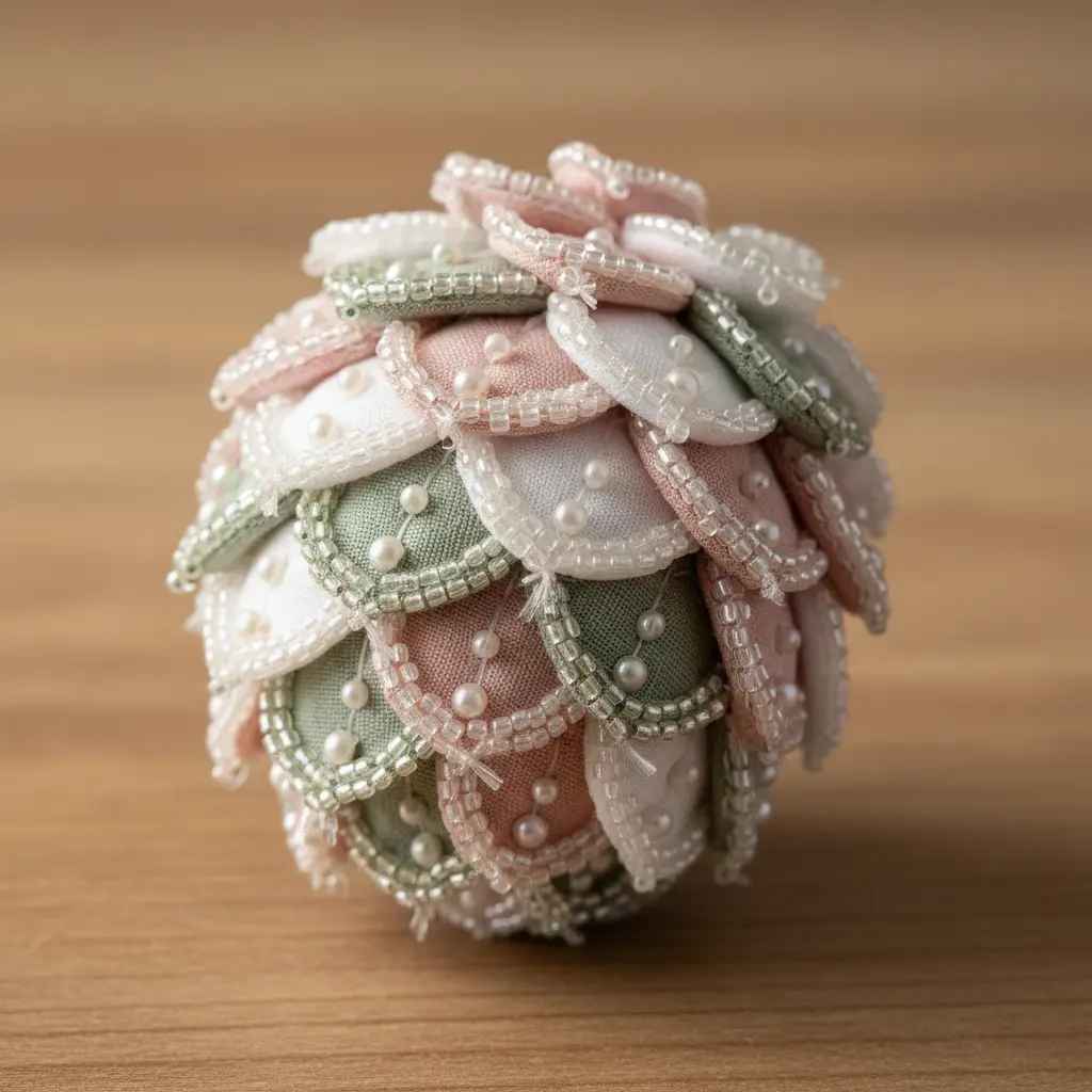 Layered fabric scales tipped with tiny pearl beads creating intricate edge detail on a pinecone ornament against soft bokeh.