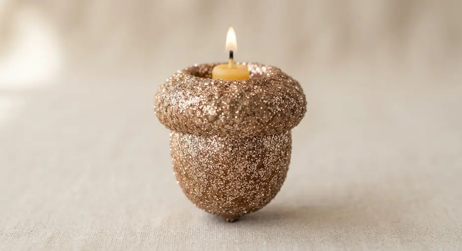 A clear glass jar holding a candle, encircled by acorns whose caps are dusted with fine gold glitter.