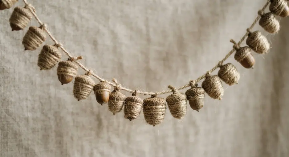 A string of acorns, each tightly bound with rough twine, hanging in a swag against a neutral background.