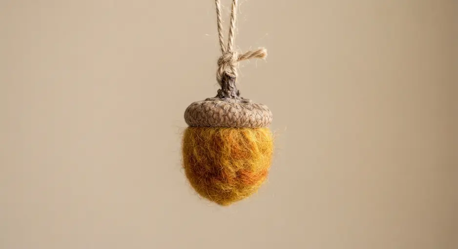 Several small ornaments featuring brown felted wool acorn bodies topped with authentic, glossy acorn caps.