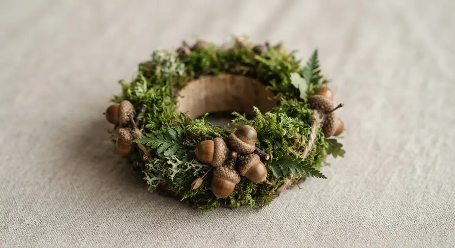 A set of four linen napkin rings, each holding a fabric napkin and adorned with green moss and a single acorn.