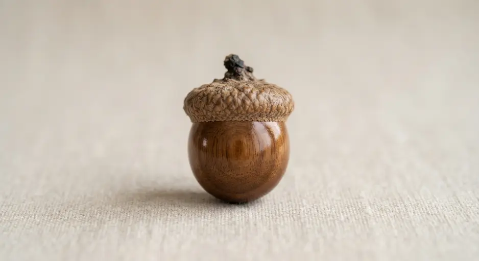 A grouping of polished, light-toned wooden beads scattered among whole, brown acorns on a table.