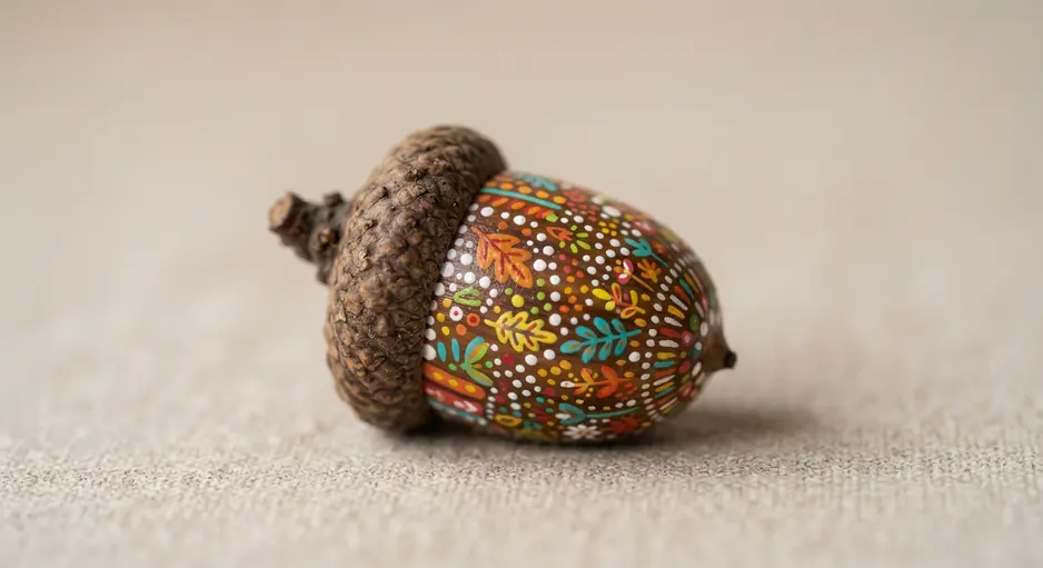 A close-up of several acorns painted with intricate patterns in white, black, and terracotta acrylic paint.