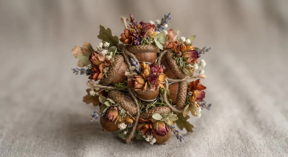 A miniature ceramic vase containing a bouquet of dried lavender, wheat, and acorns tied with a burlap ribbon.