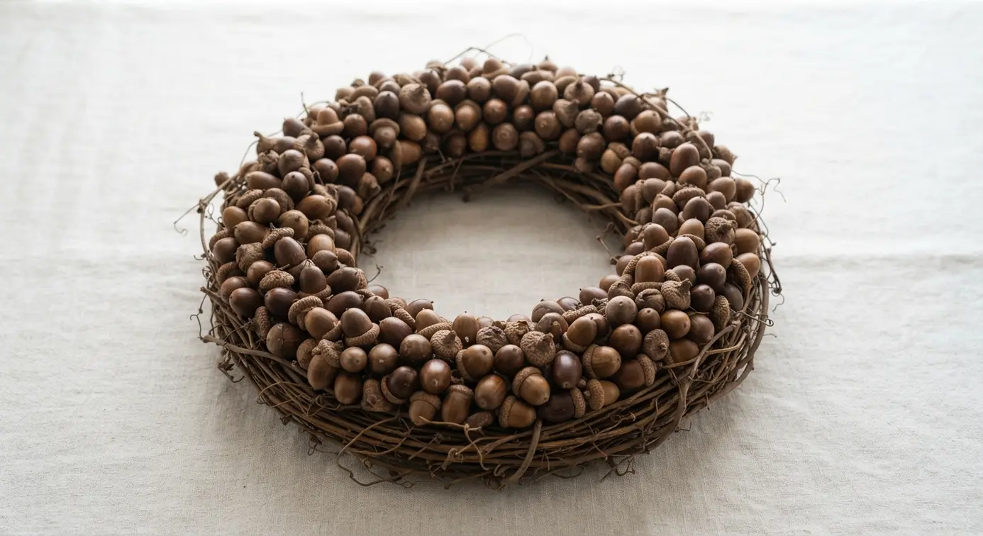 Rustic grapevine wreath adorned with natural brown acorns and twigs on a white background.