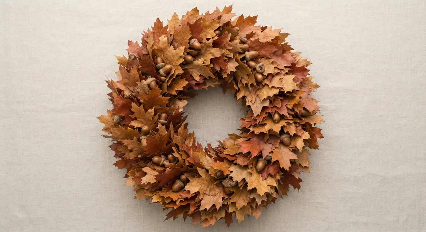 Lush autumn wreath with overlapping preserved oak leaves and scattered acorns on a grapevine base.