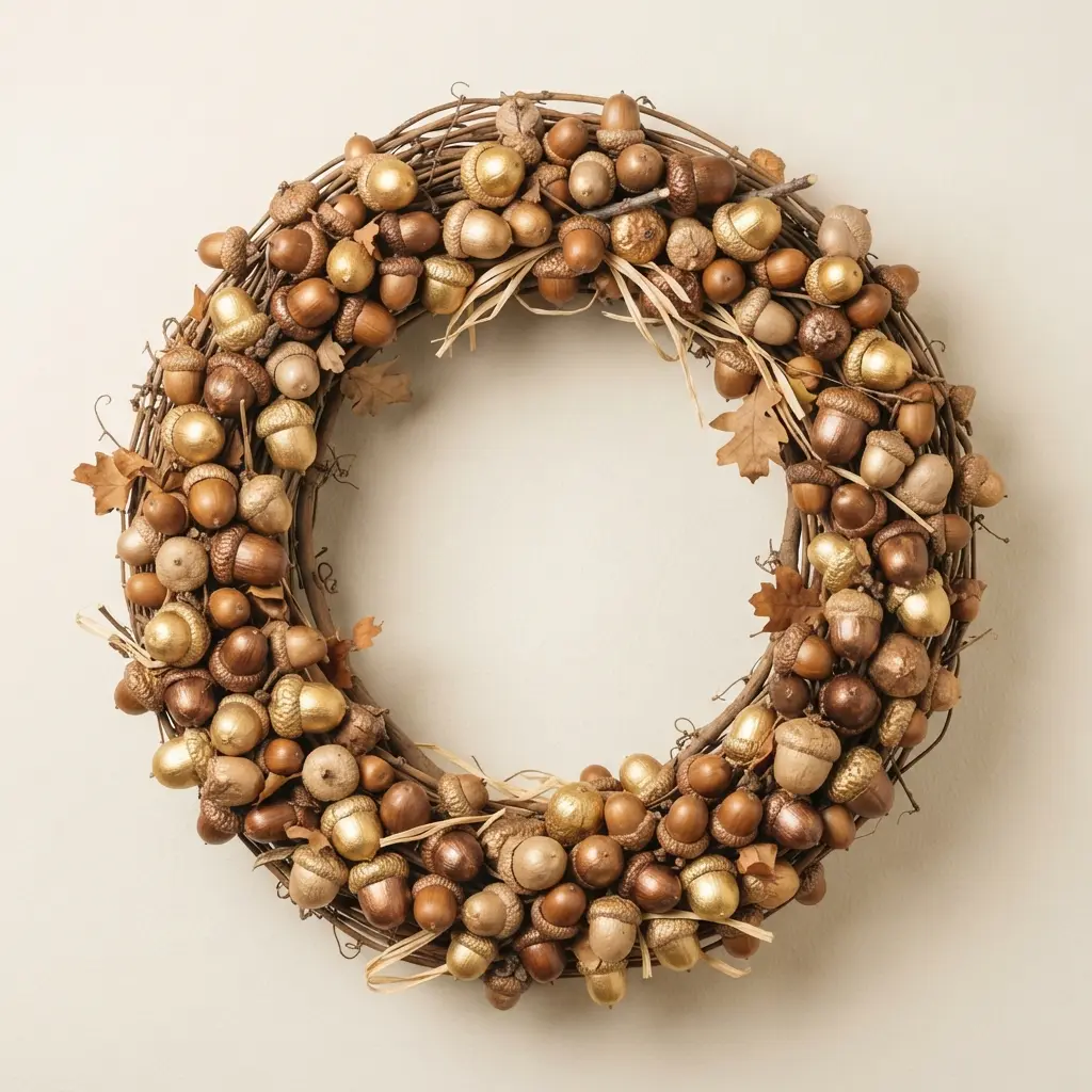 Handcrafted autumn wreath featuring acorns with shiny gold-painted caps on a grapevine ring.