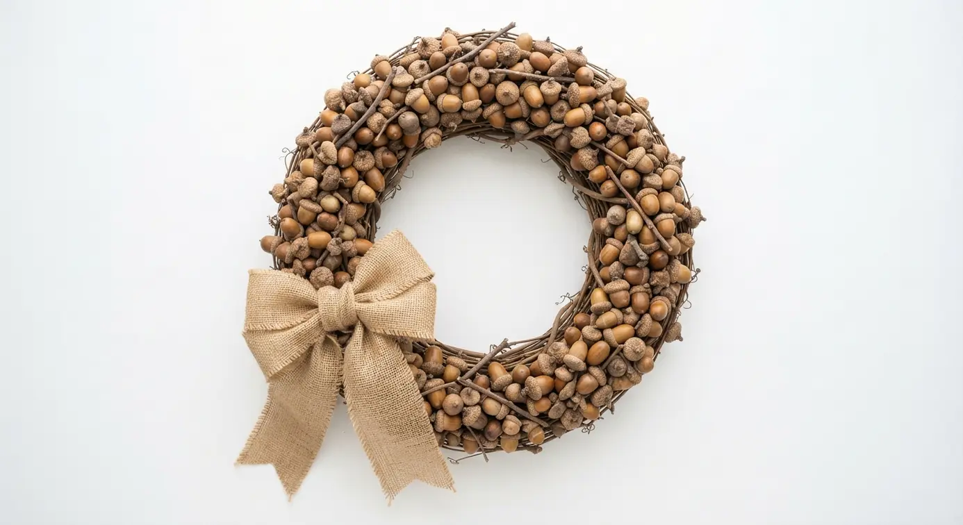 Warm fall wreath made of acorns and a large burlap bow on a natural grapevine base.
