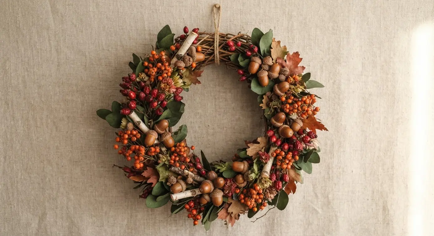 Vibrant wreath combining natural acorns with clusters of red berries on a twig base.