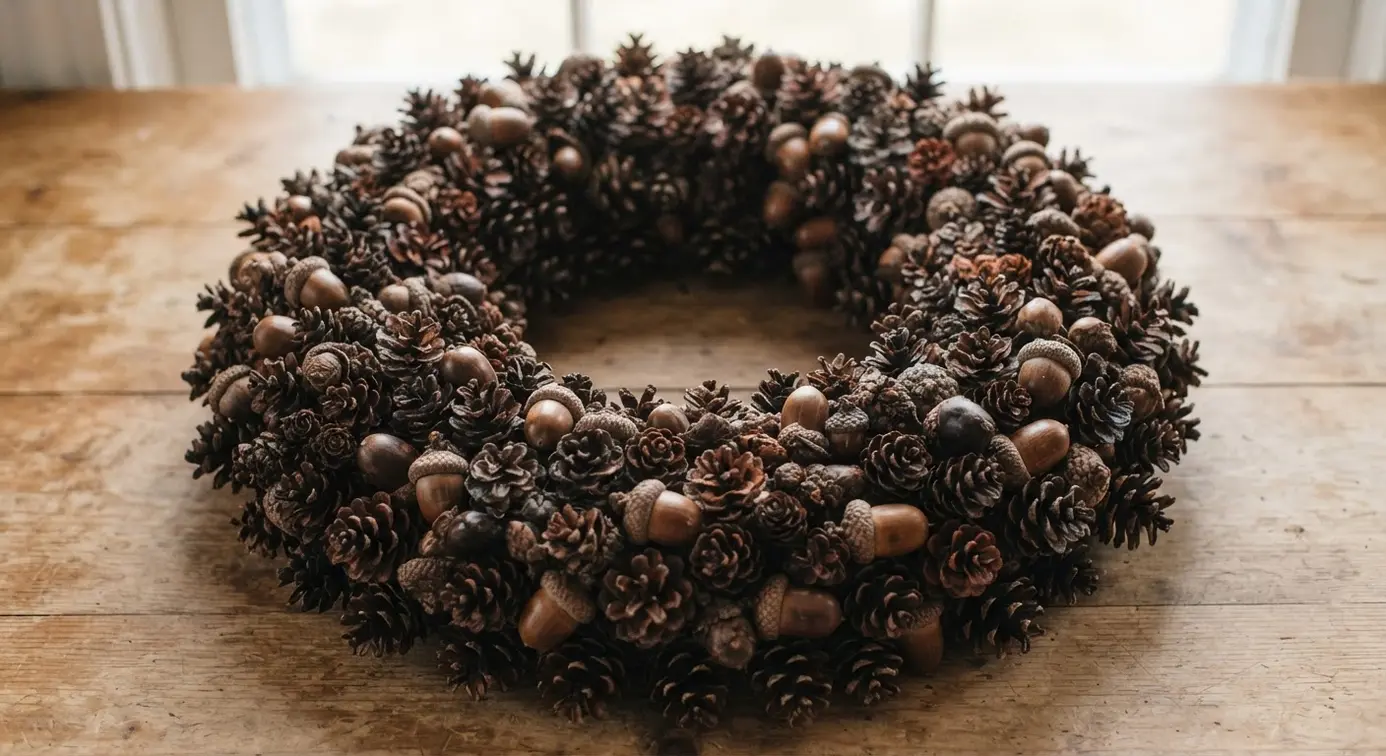 Full and textural wreath made from layered pinecones and acorns on a sturdy grapevine ring.