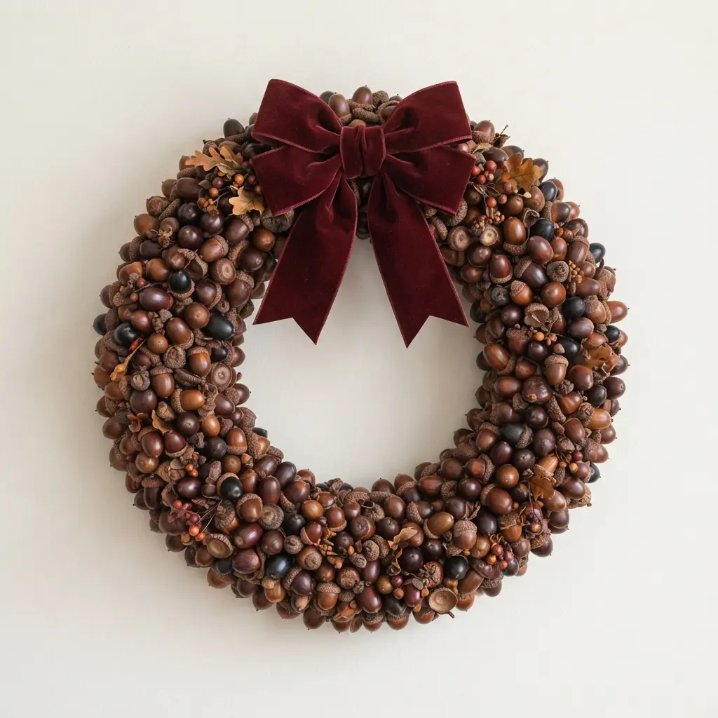 Elegant autumn wreath featuring deep burgundy velvet bow atop a dense arrangement of acorns.