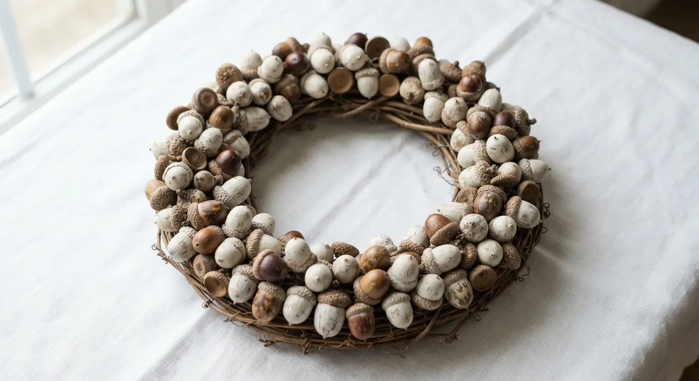Softly white-washed acorns arranged on a light grapevine wreath with a pale linen ribbon.