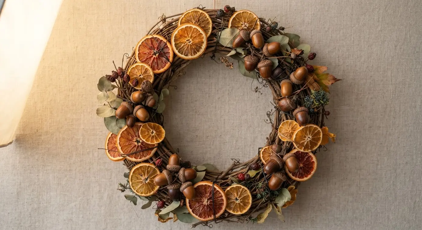 Colorful DIY wreath mixing natural acorns with dried orange slices and star anise on a vine ring.