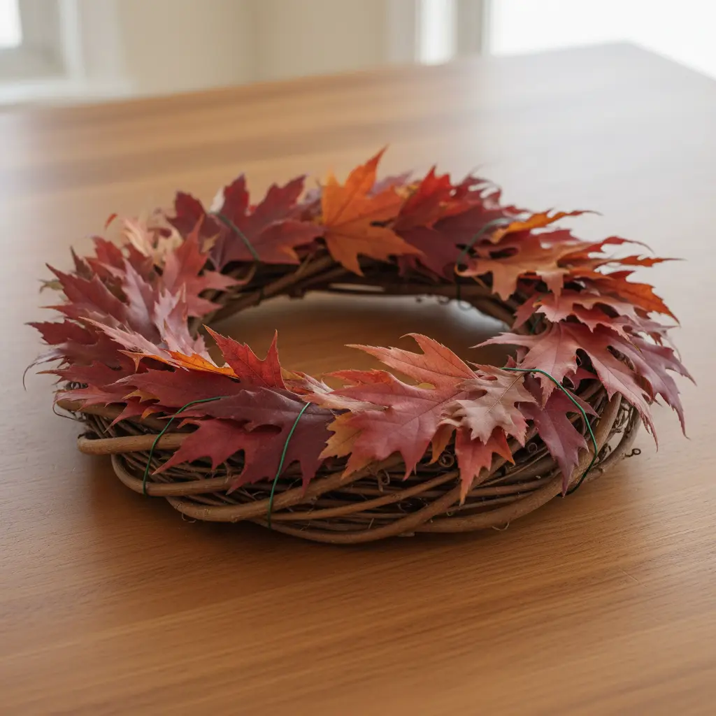 A rustic grapevine wreath base layered with red maple leaves and dried oak foliage.
