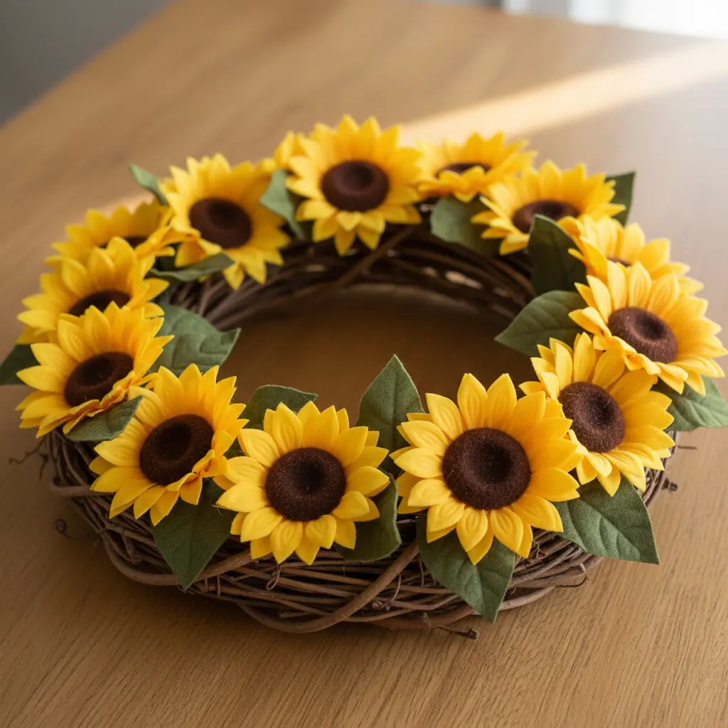 A large grapevine wreath adorned with bright yellow sunflowers and leafy green accents.