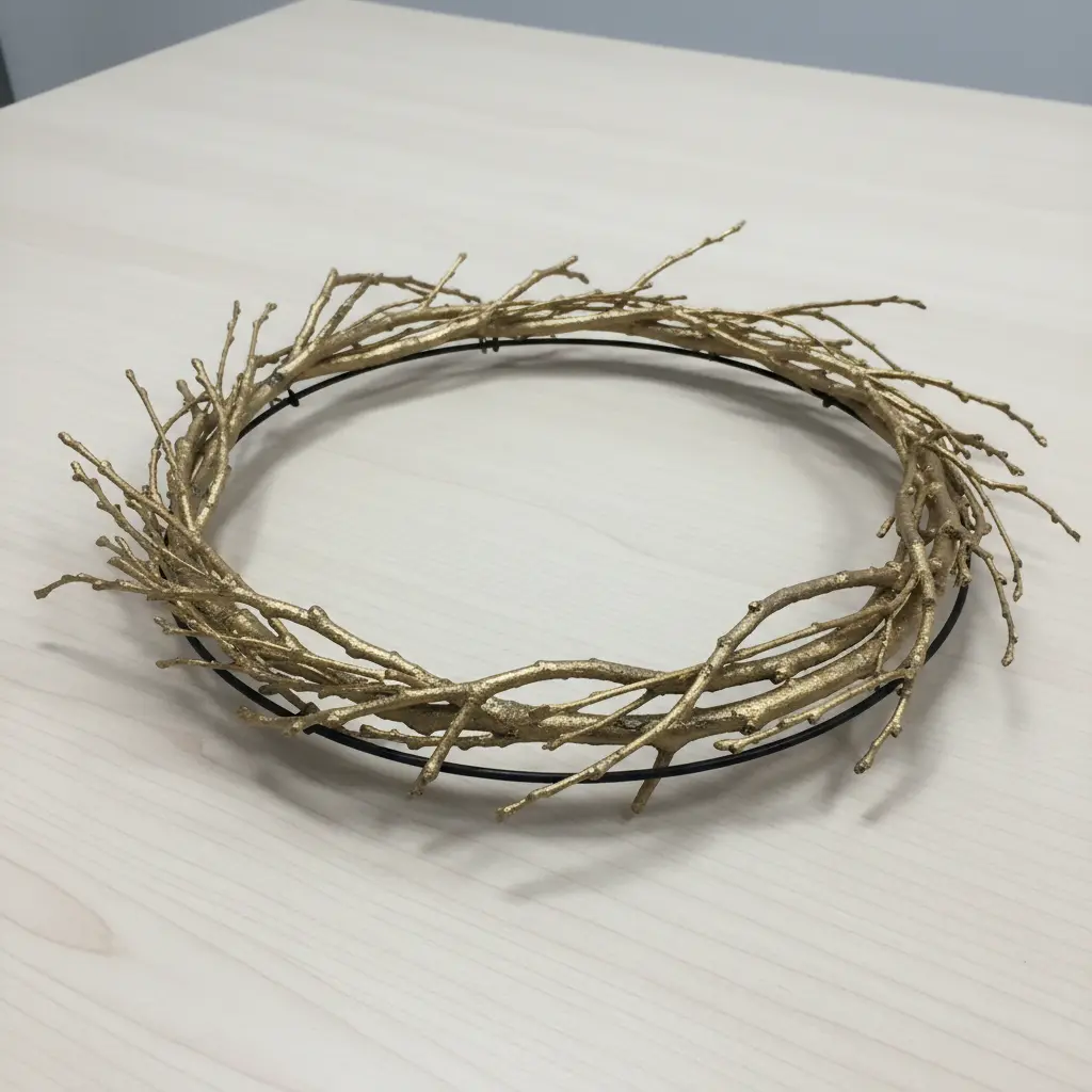 A wreath made from natural branches spray-painted gold and arranged asymmetrically on a circular wire frame.