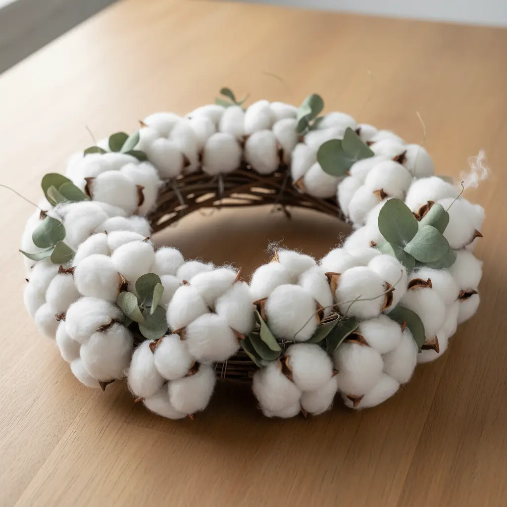 A rustic wreath base filled with fluffy white cotton bolls and dried eucalyptus sprigs.