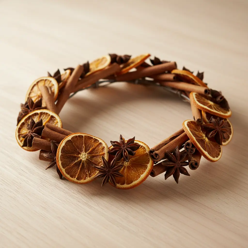A wreath made entirely of dried orange slices, star anise, and cinnamon sticks wired together.