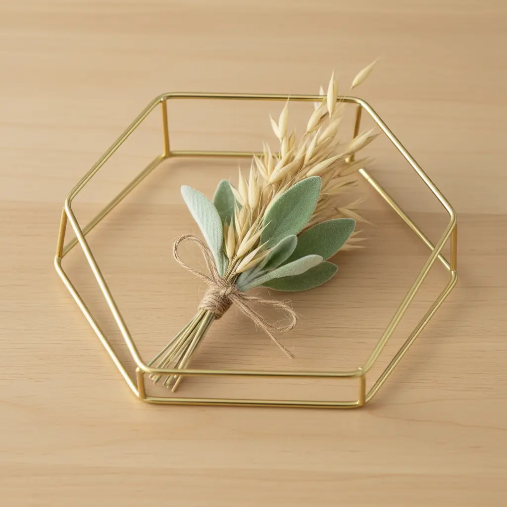A hexagon-shaped brass wire frame holding a small bundle of dried grasses and lamb's ear.