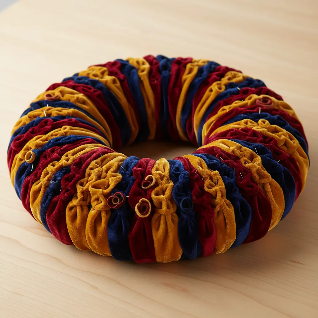 A wreath filled with loops of soft burgundy, mustard, and navy velvet ribbon on a foam base.
