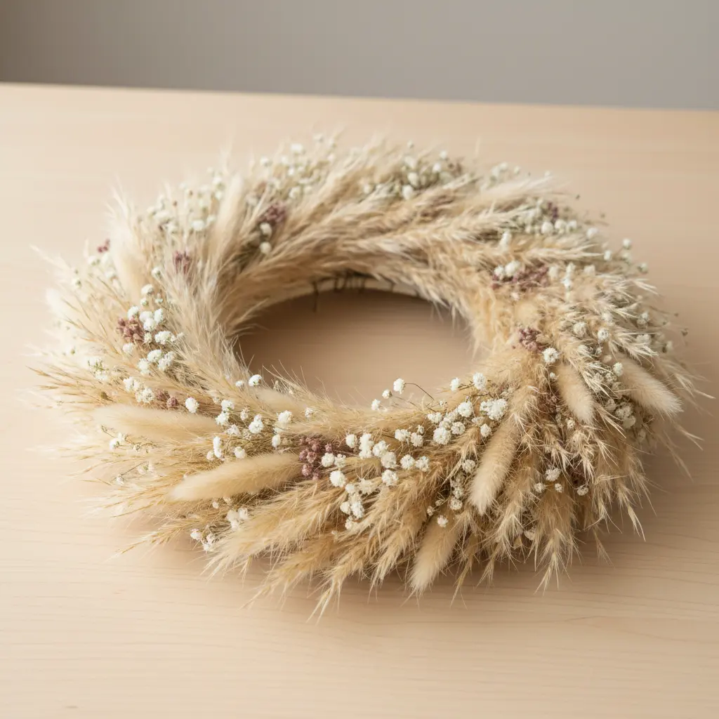 A wreath composed of fluffy beige pampas grass plumes and preserved baby's breath.