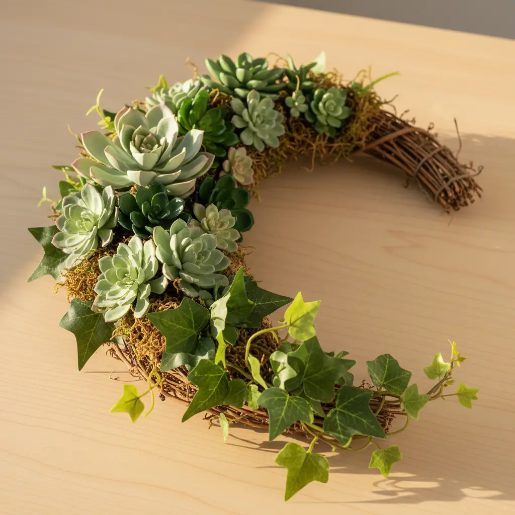 A grapevine wreath with a lower-left cluster of faux succulents, trailing ivy, and dried moss.