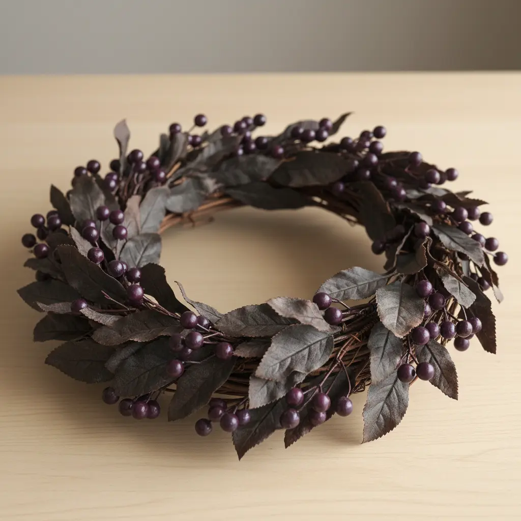 A natural vine wreath heavily decorated with dark purple berry sprays and dried leaves.