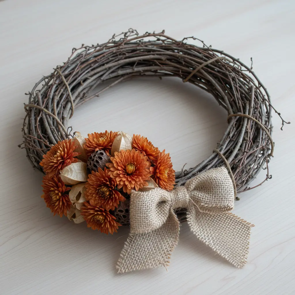 A wreath made from bundled twigs, featuring orange mums, dried seed pods, and a burlap bow.
