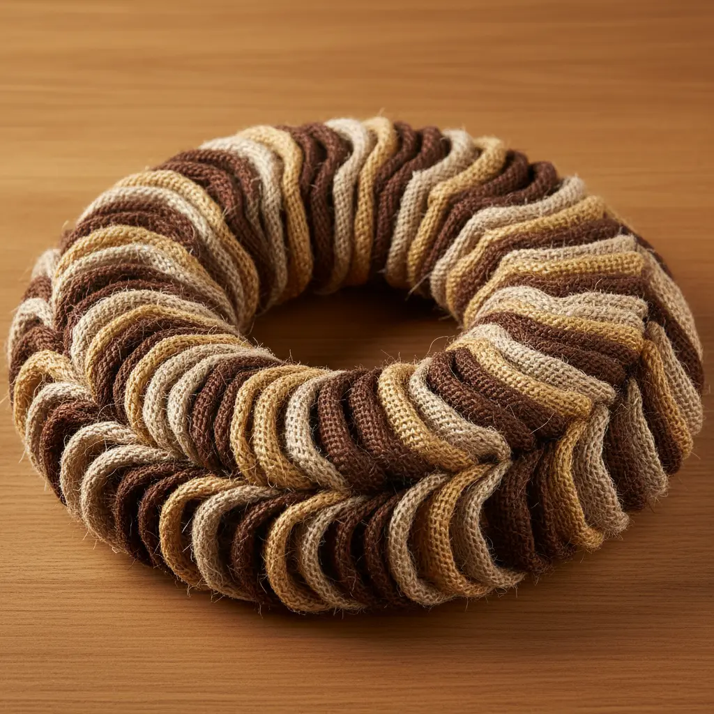 A full burlap ribbon wreath formed by layered loops in warm tan and brown tones.