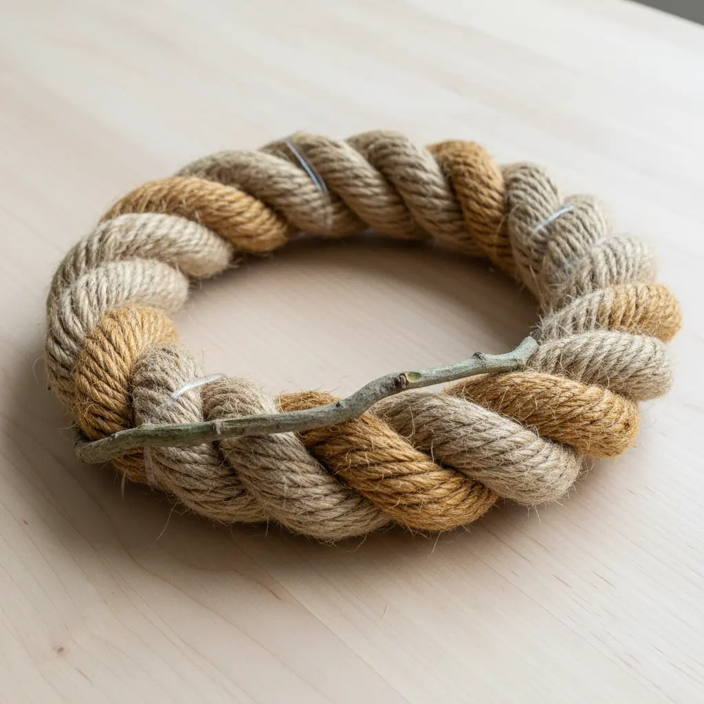 A tightly braided circular wreath made from thick jute rope with a simple twig accent.
